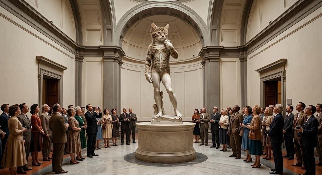 Cat as Michelangelo's David in a marble gallery